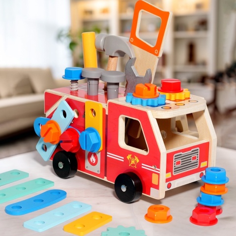 Drewniany Warsztat Straż Pożarna Narzędzia Auto do Skręcania Montessori 2w1