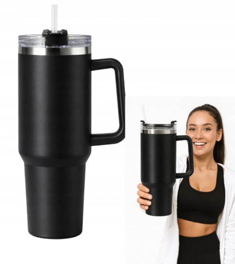 KUBEK TERMICZNY 1200ML CZARNY ZE SŁOMKĄ I UCHWYTEM TERMOS XXL
