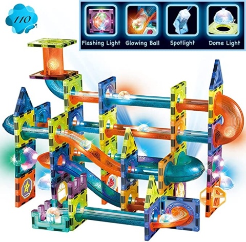 Klocki Magnetyczne Tor Kulkowy 110 el ŚWIECĄCY LED Marble Run Kulodrom