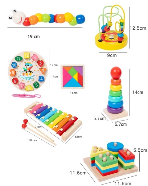Zestaw Montessori 7w1 Drewniane Zabawki Edukacyjne – Cymbałki Sorter Zegar Układanka