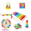 Zestaw Montessori 7w1 Drewniane Zabawki Edukacyjne – Cymbałki Sorter Zegar Układanka